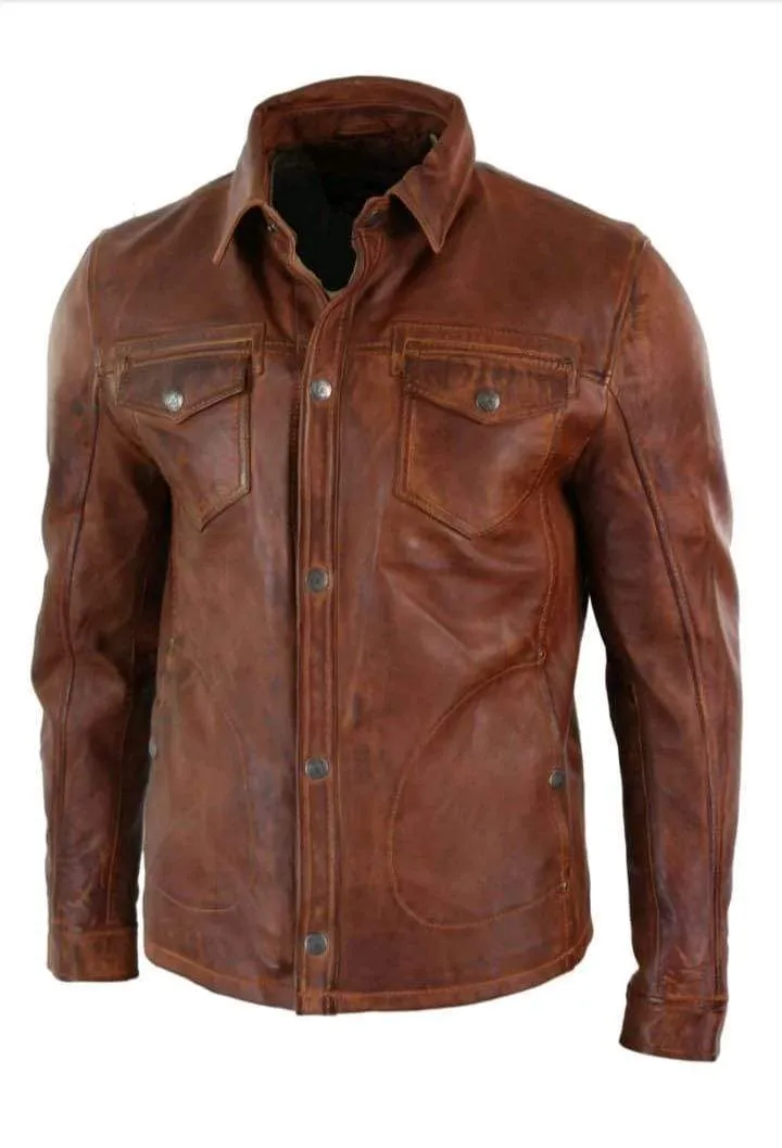 Mens Vintage Distressed Brown Leather Shirt Jacket, Genuine Biker Jacket