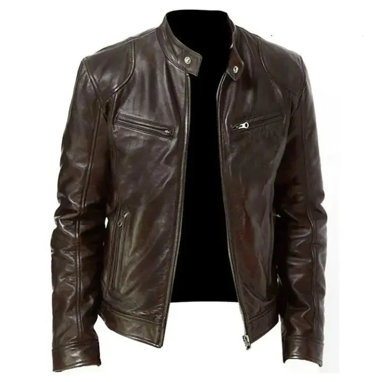 Men's Zip Cardigan PU Leather Jacket Stand Collar^