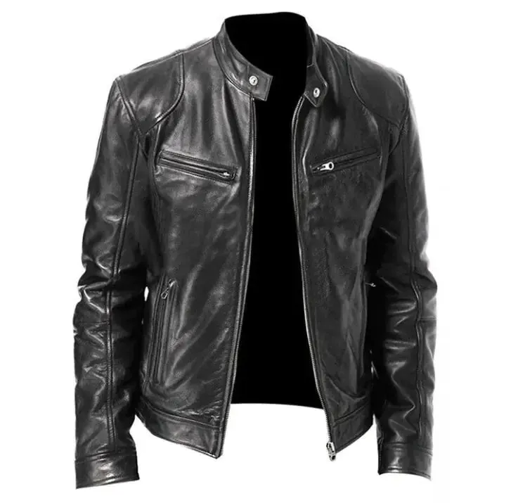 Men's Zip Cardigan PU Leather Jacket Stand Collar^