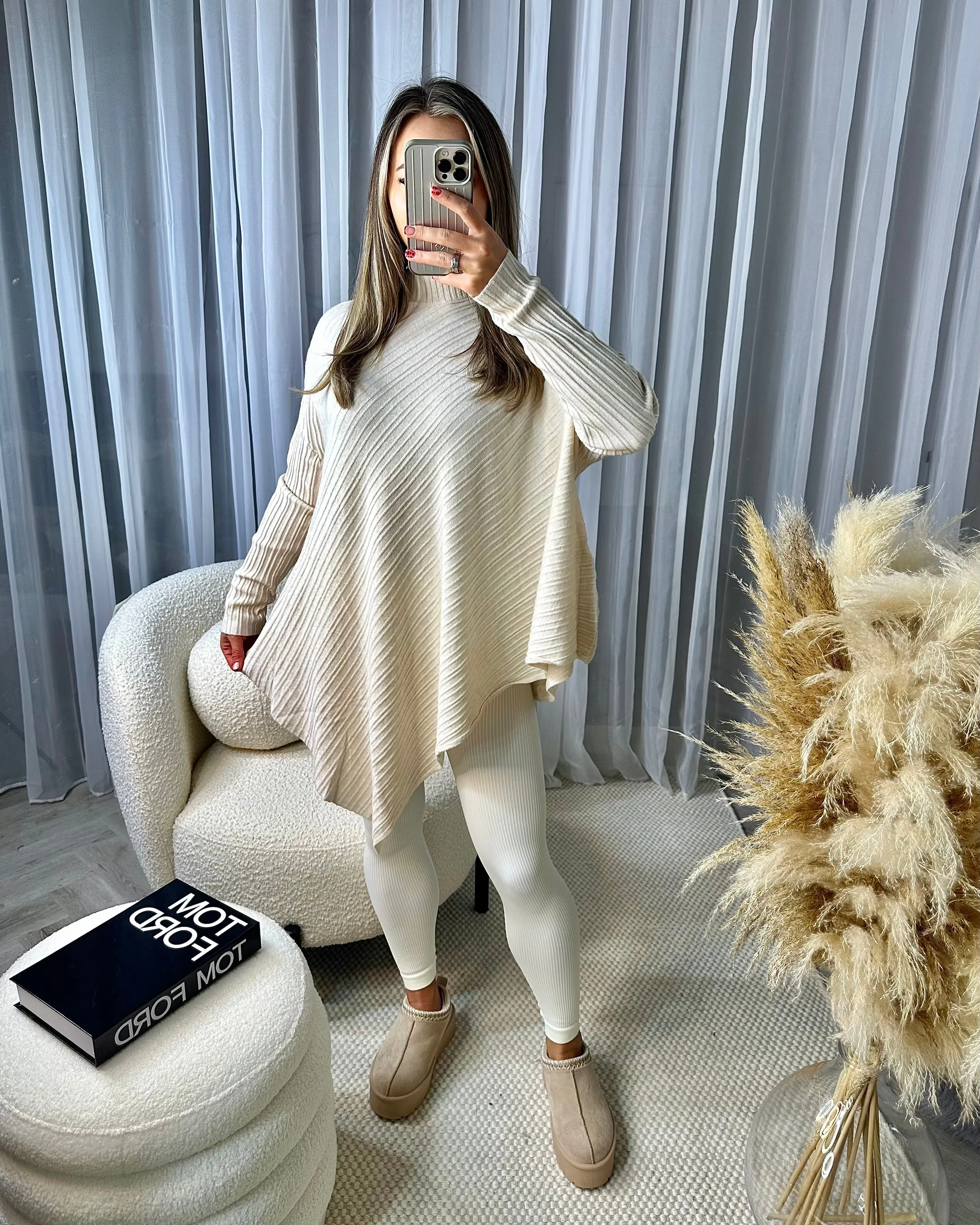 Micha High Neck Ribbed Asymmetric Long Sleeve Jumper - Beige