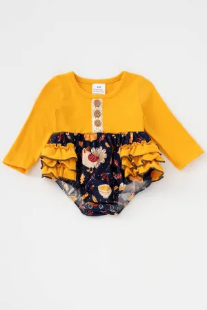 Mustard Turkey Pumpkin Ruffle Baby Romper