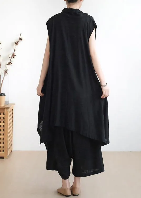 New casual ladies black vest with cotton wide-leg pants two-piece suit