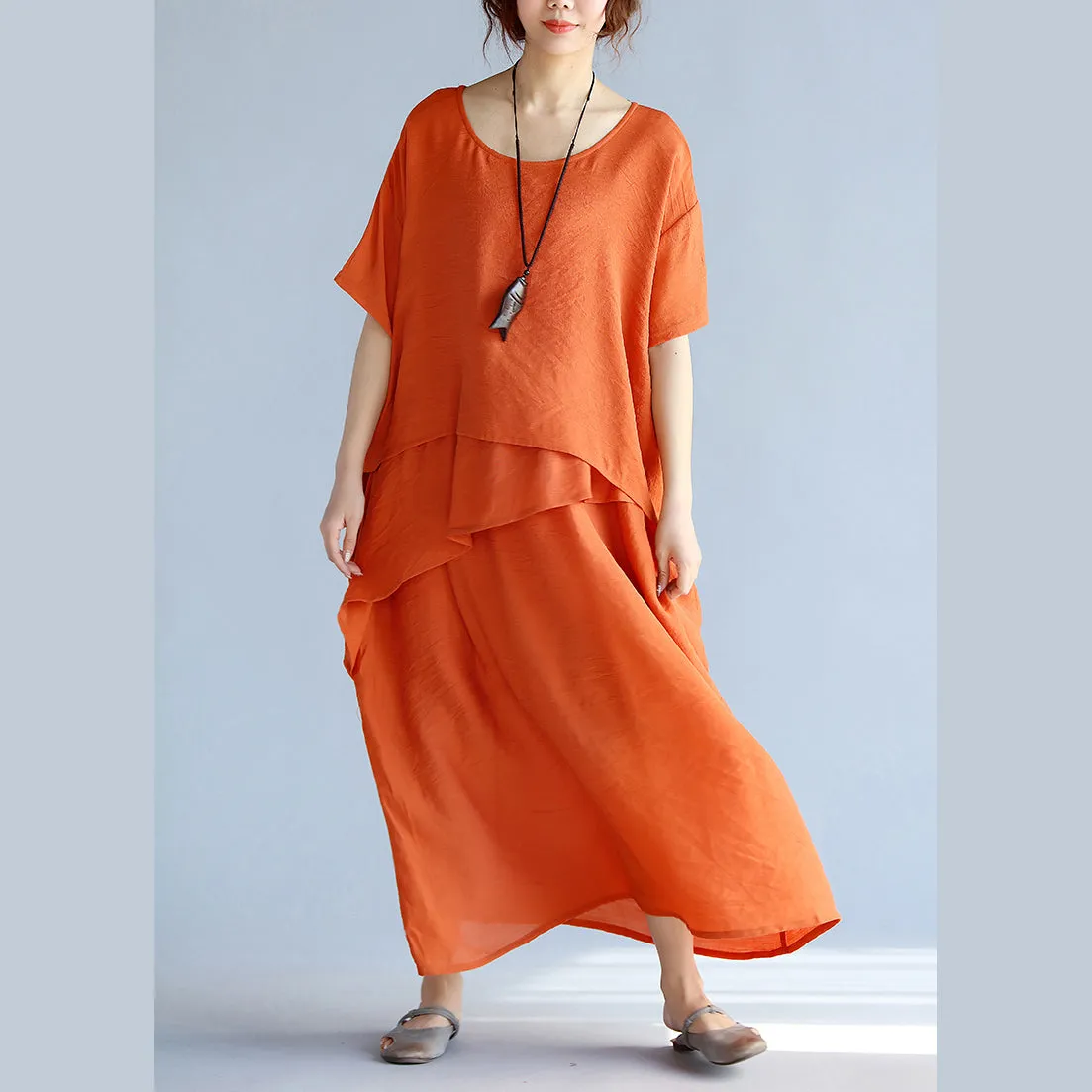 New orange long linen dresses plus size clothing layered cotton dresses New short sleeve linen cotton dress