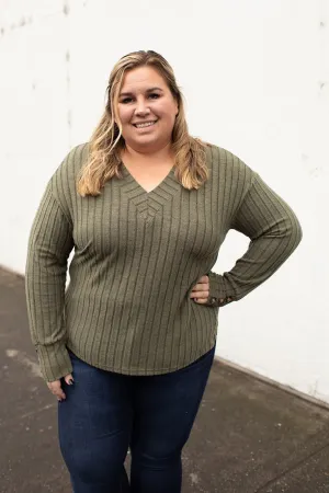 Olive Vneck Ribbed Sweater LS (SM-2X)