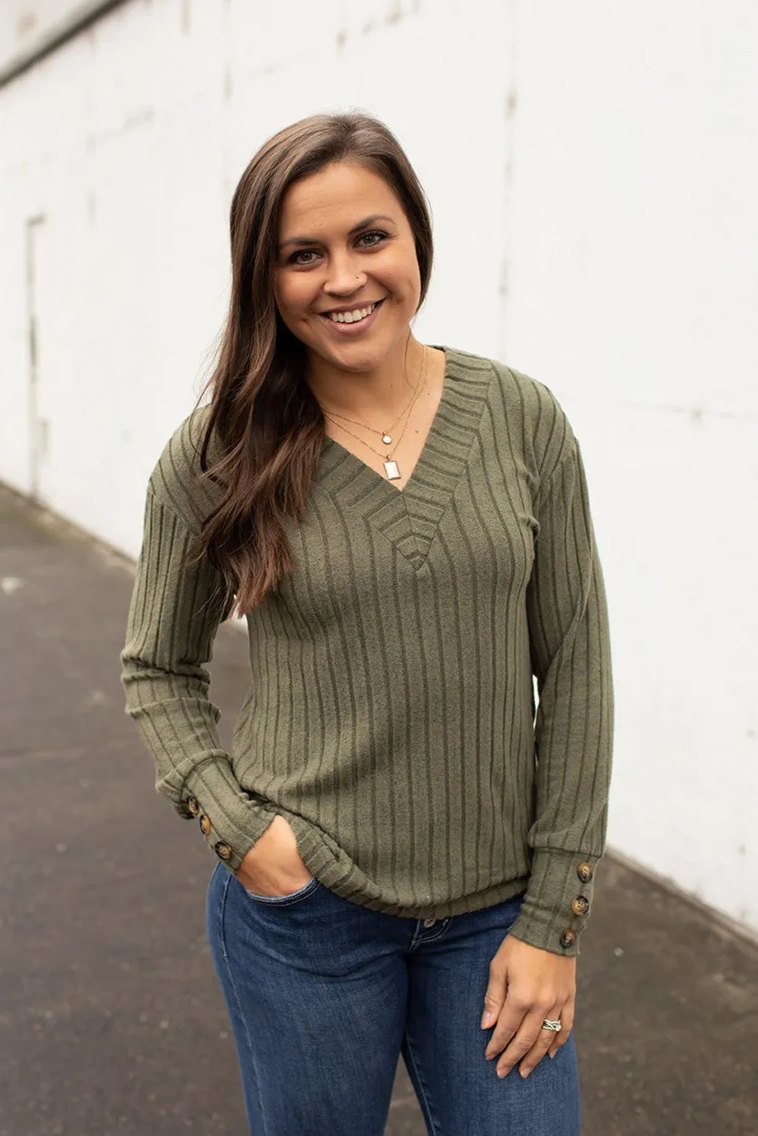 Olive Vneck Ribbed Sweater LS (SM-2X)