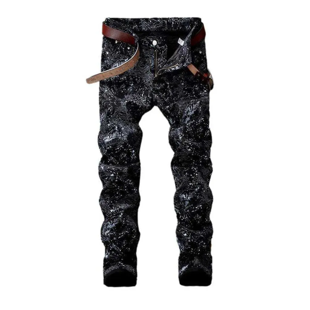 Ornament print black men's jeans