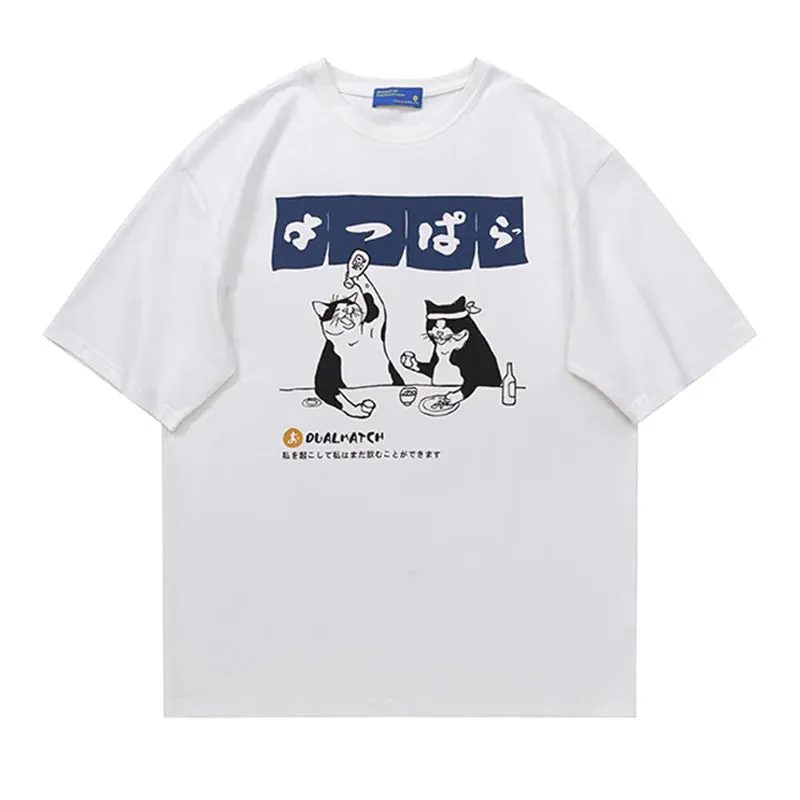 Oversized T-Shirt With Drinking Cats