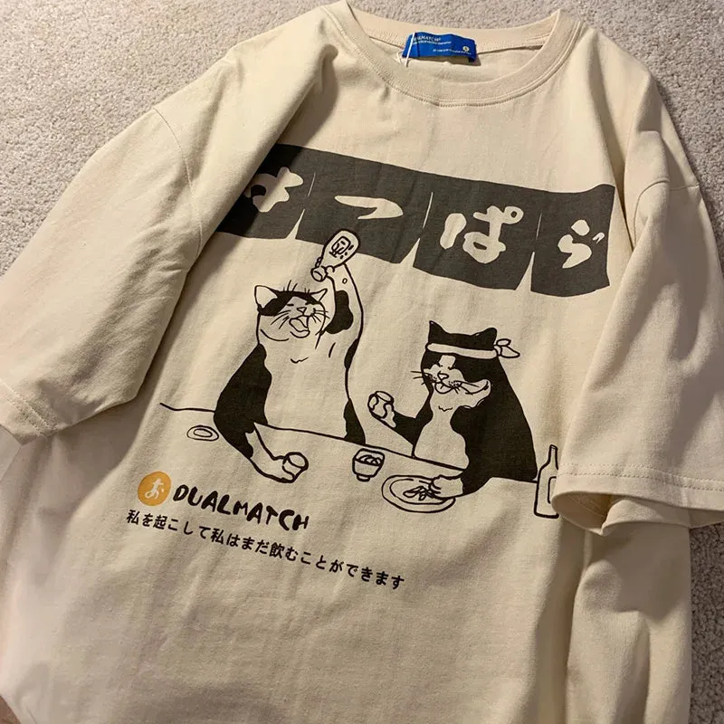 Oversized T-Shirt With Drinking Cats