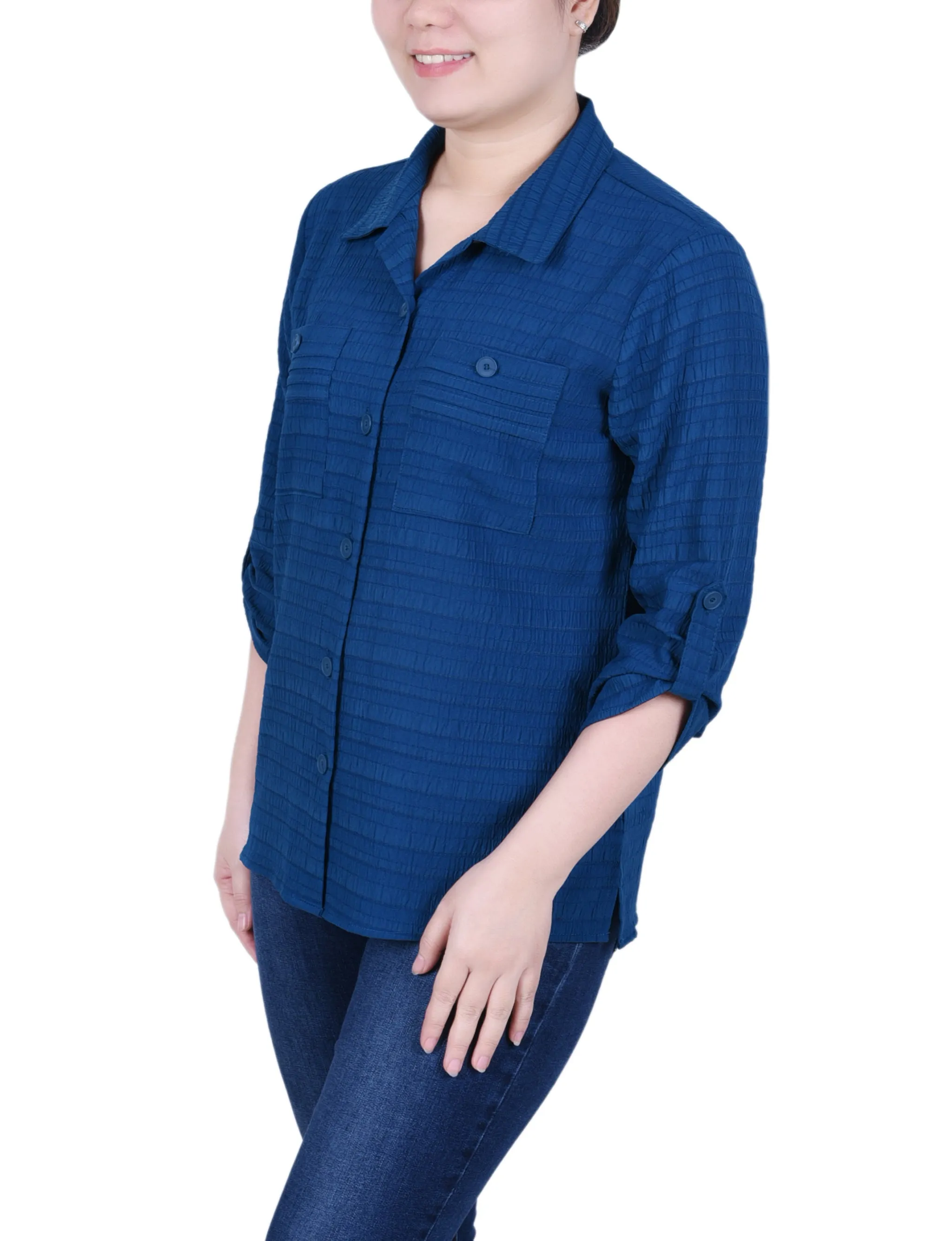 Petite 3/4 Sleeve Woven Jacquard Blouse