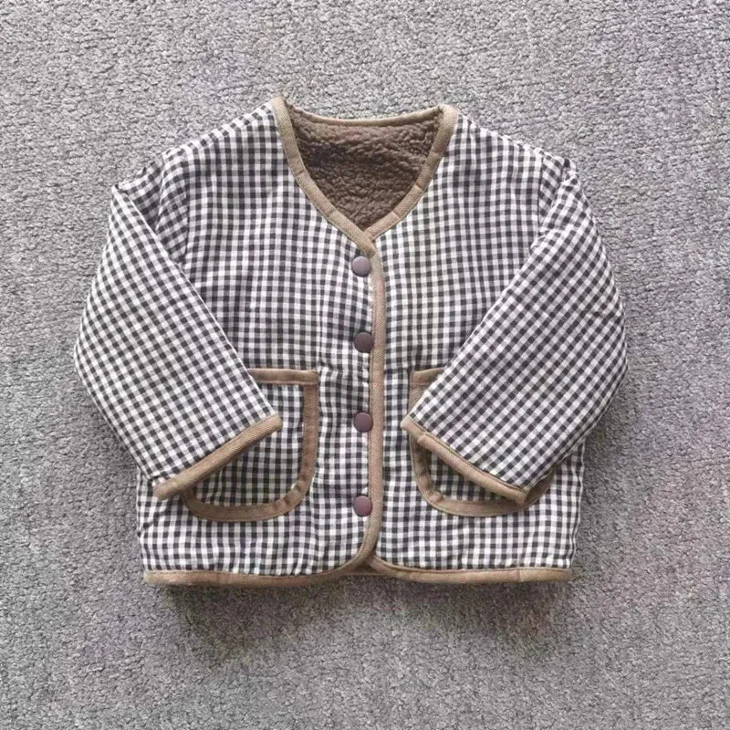 Plaid & Wool Reversible Kids Jacket in Brown & Beige