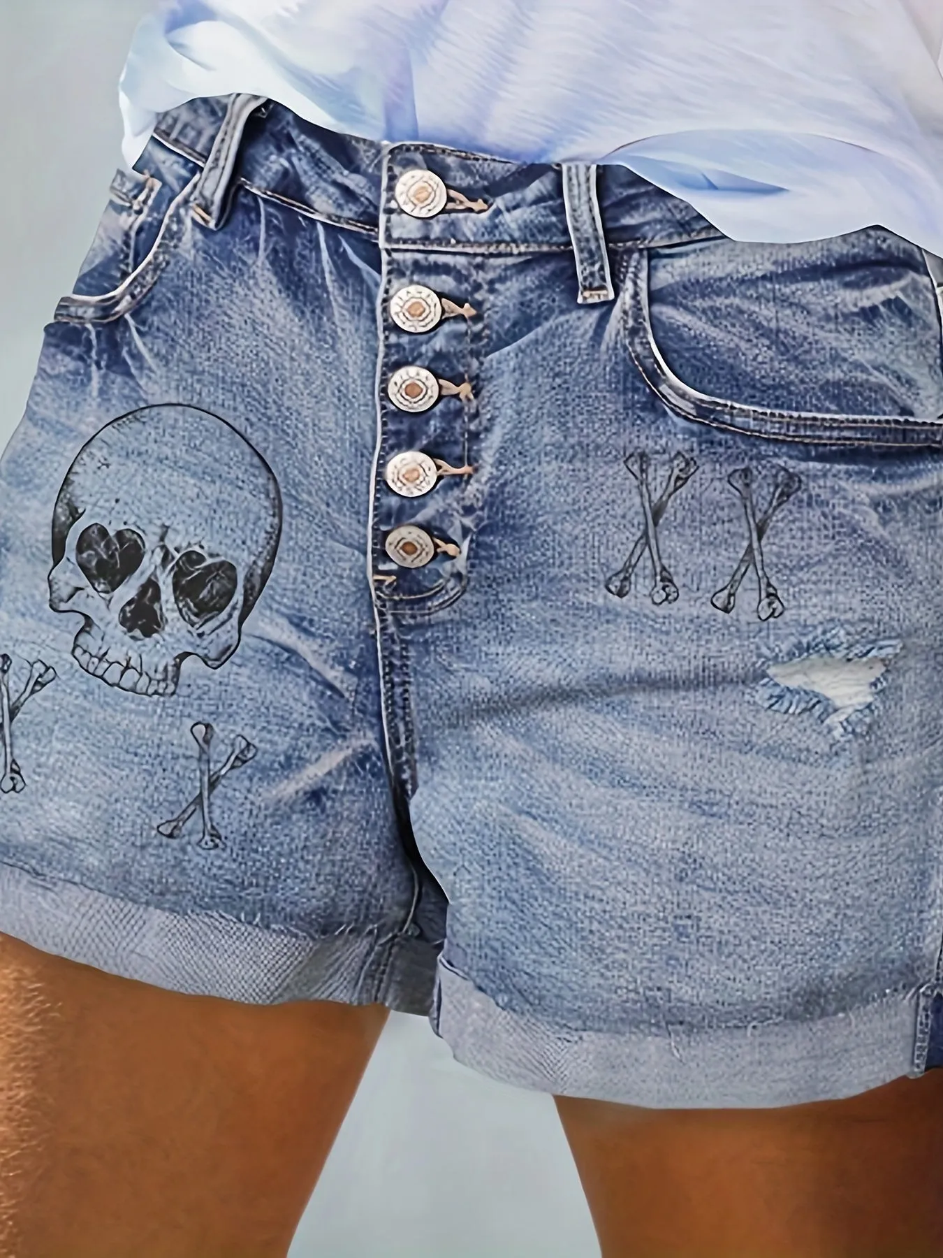 Plus Size Gothic Punk Denim Shorts - Skull Print High Stretch Fabric, Trendy Single-breasted Design with Ripped Roll Up Hem - Casual Wear for Edgy Fashion