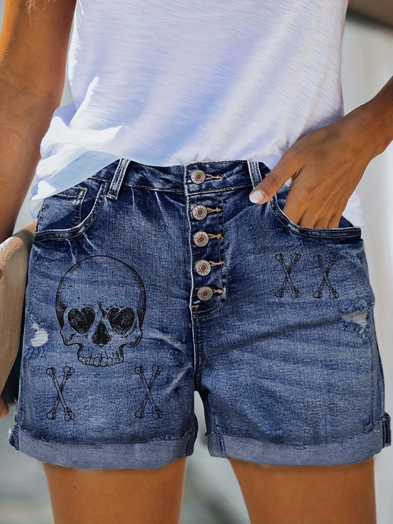 Plus Size Gothic Punk Denim Shorts - Skull Print High Stretch Fabric, Trendy Single-breasted Design with Ripped Roll Up Hem - Casual Wear for Edgy Fashion