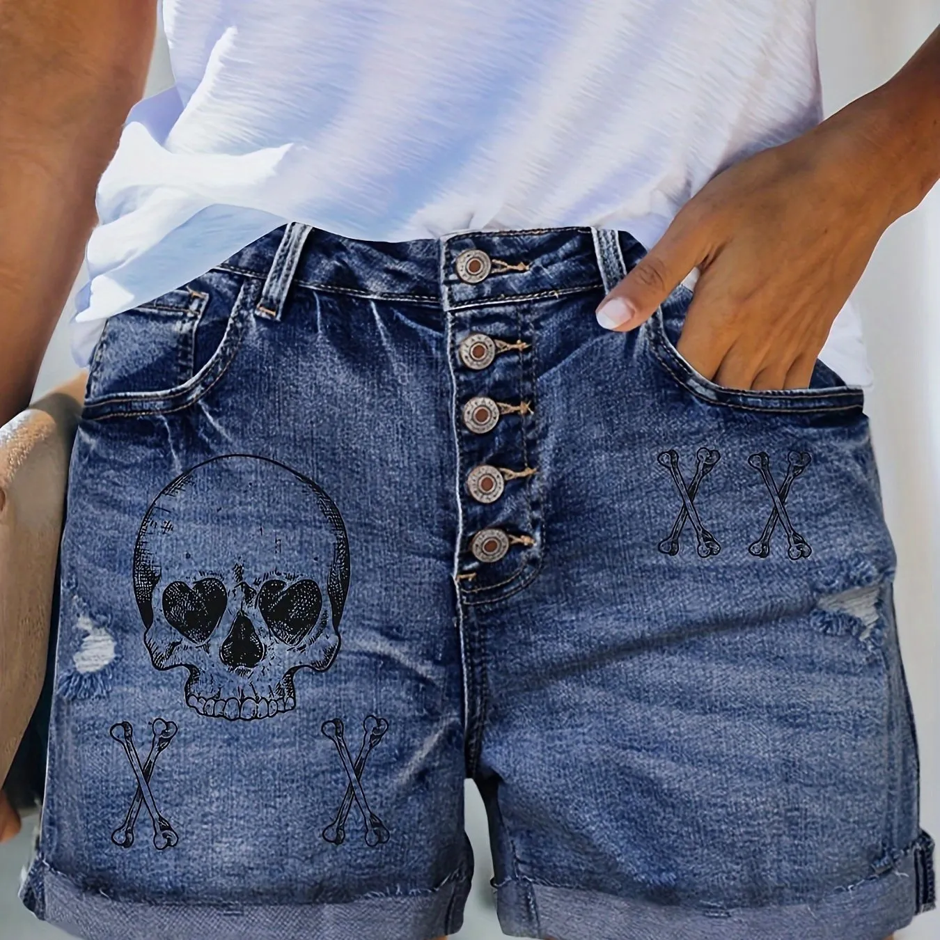 Plus Size Gothic Punk Denim Shorts - Skull Print High Stretch Fabric, Trendy Single-breasted Design with Ripped Roll Up Hem - Casual Wear for Edgy Fashion