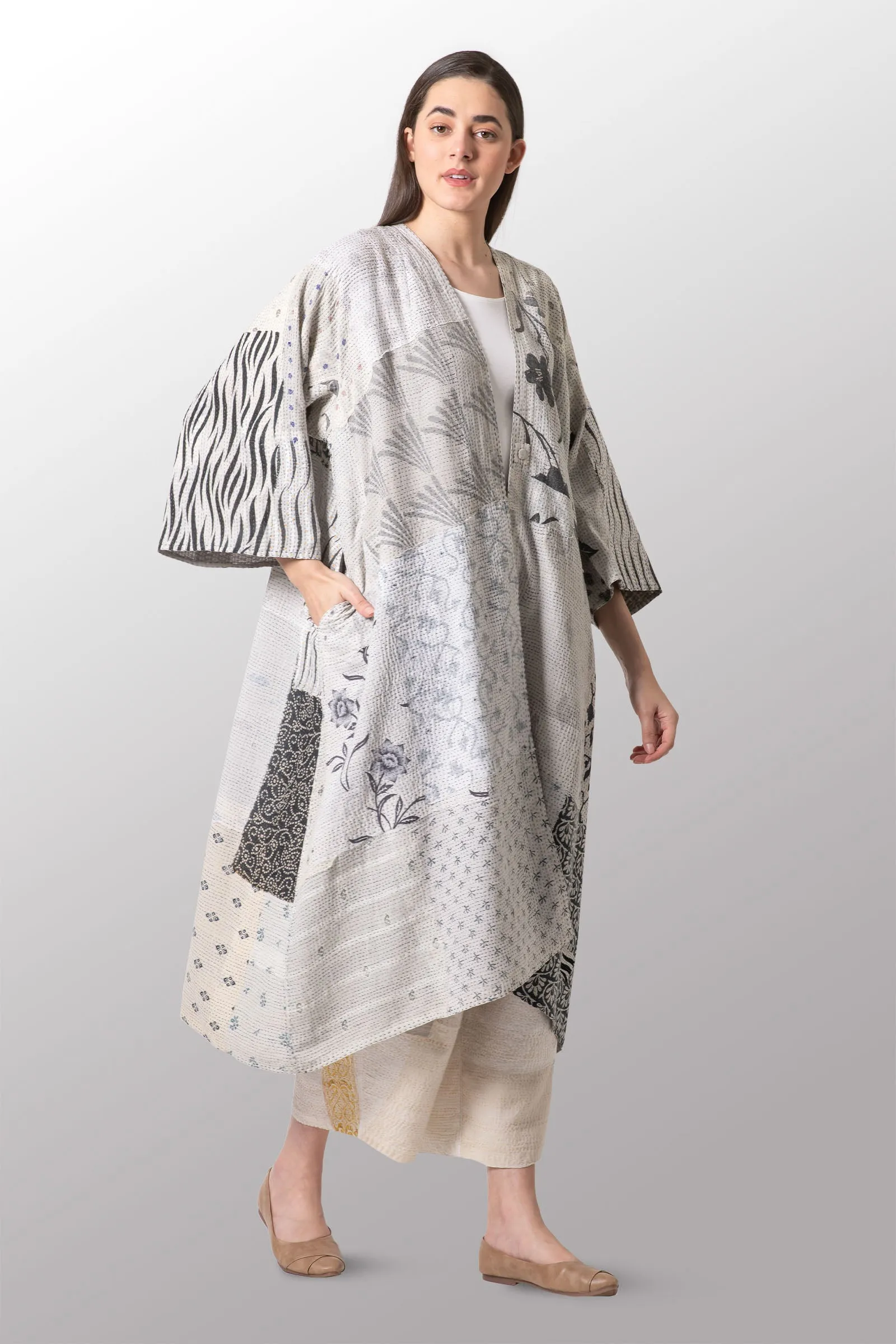 POWDER PATCH KANTHA KIMONO MAXI - pd2318-gry -