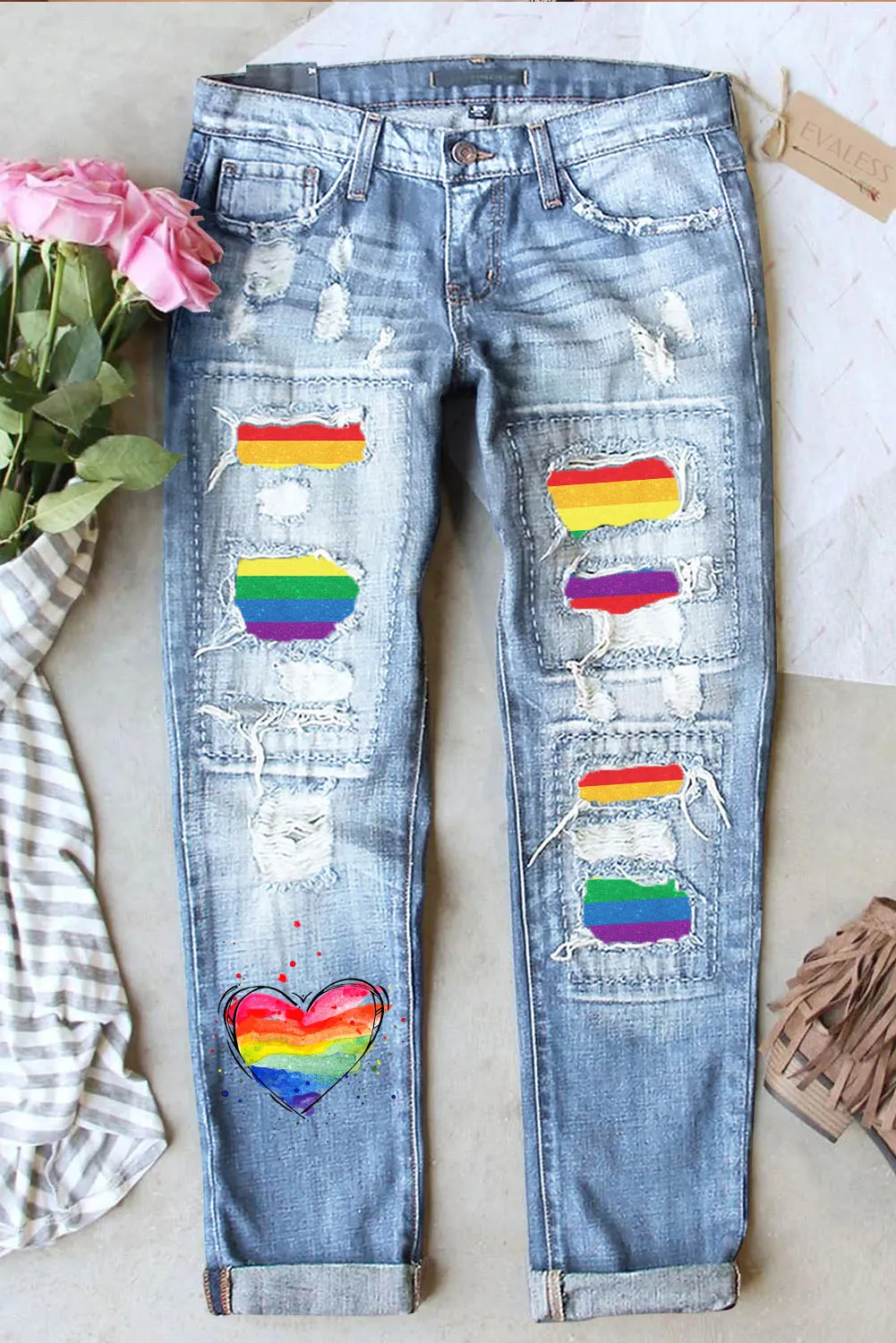 Rainbow Striped Ripped Jeans for Women Boyfriend Distressed Denim Jean Pants