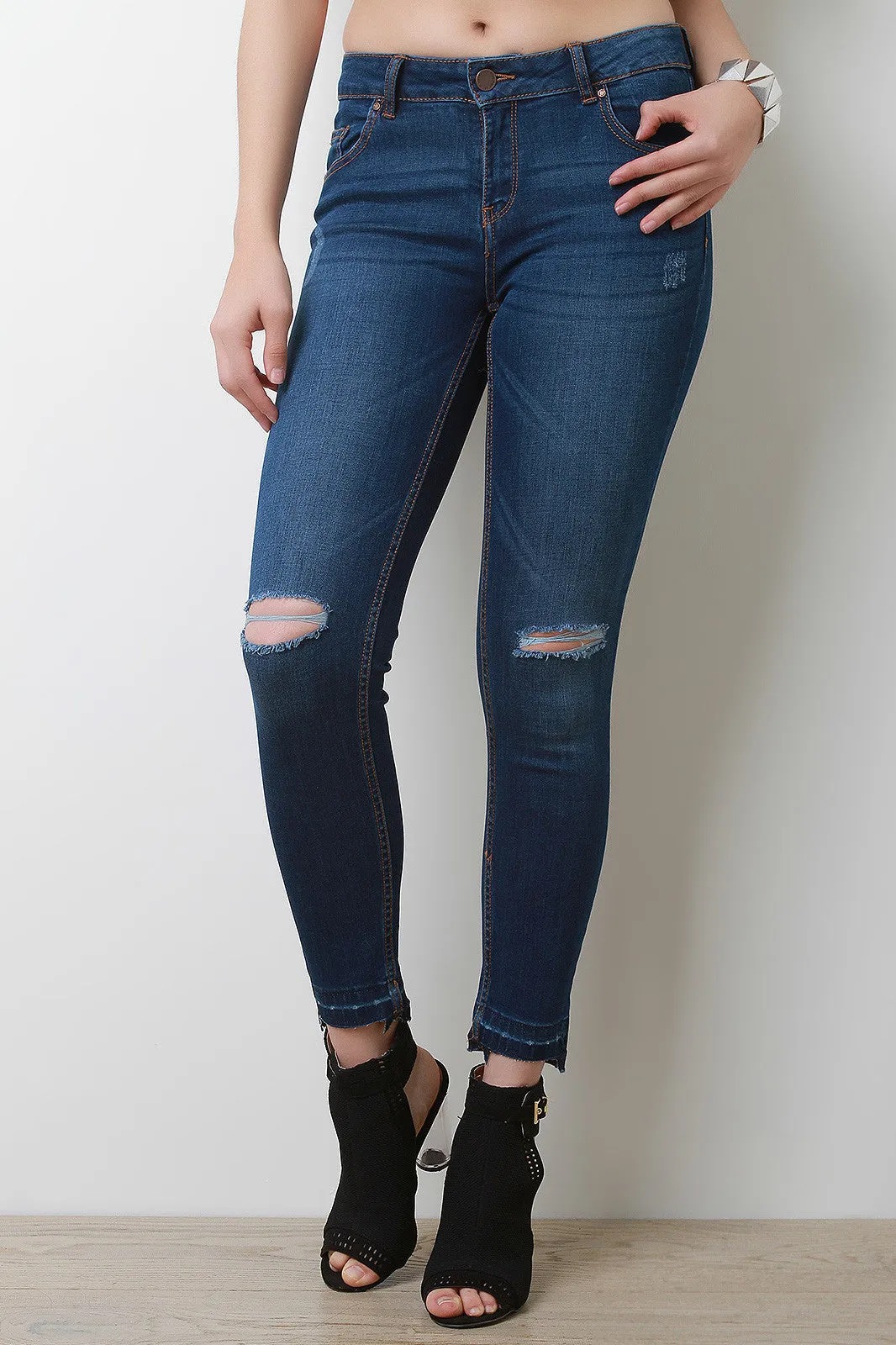 Raw Square Hem Distressed Mid Rise Denim Jeans