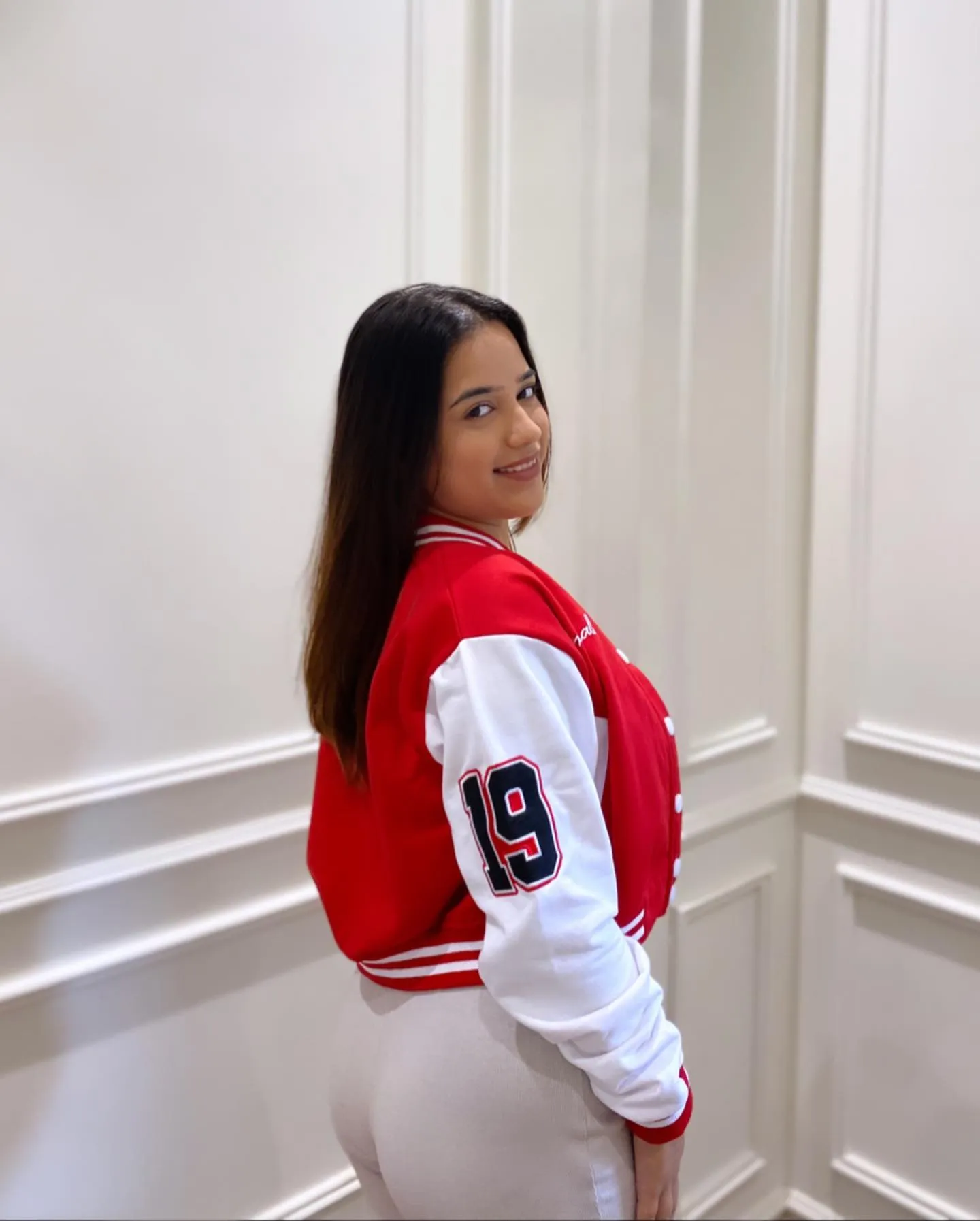 Red crop varsity jacket