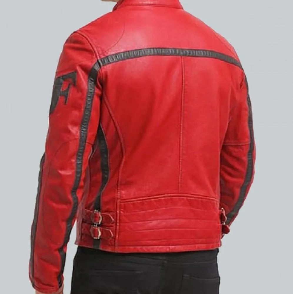 Red Leather Motorcycle Jacket with Black Stripes