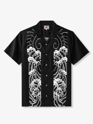 Retro Ukiyo-e Wave Design Cotton Bowling Shirt