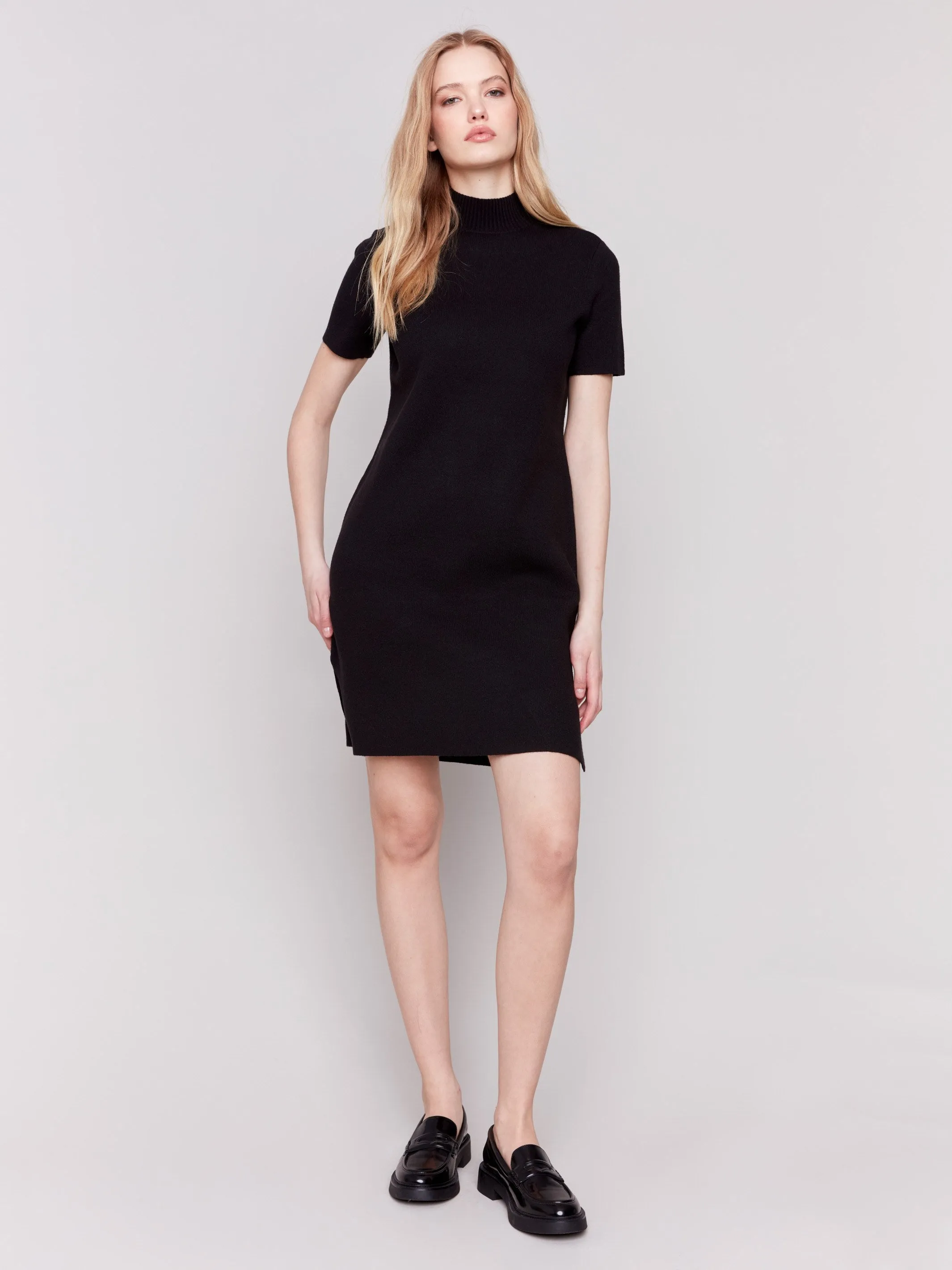 Short-Sleeve Mock Neck Sweater Dress - Black