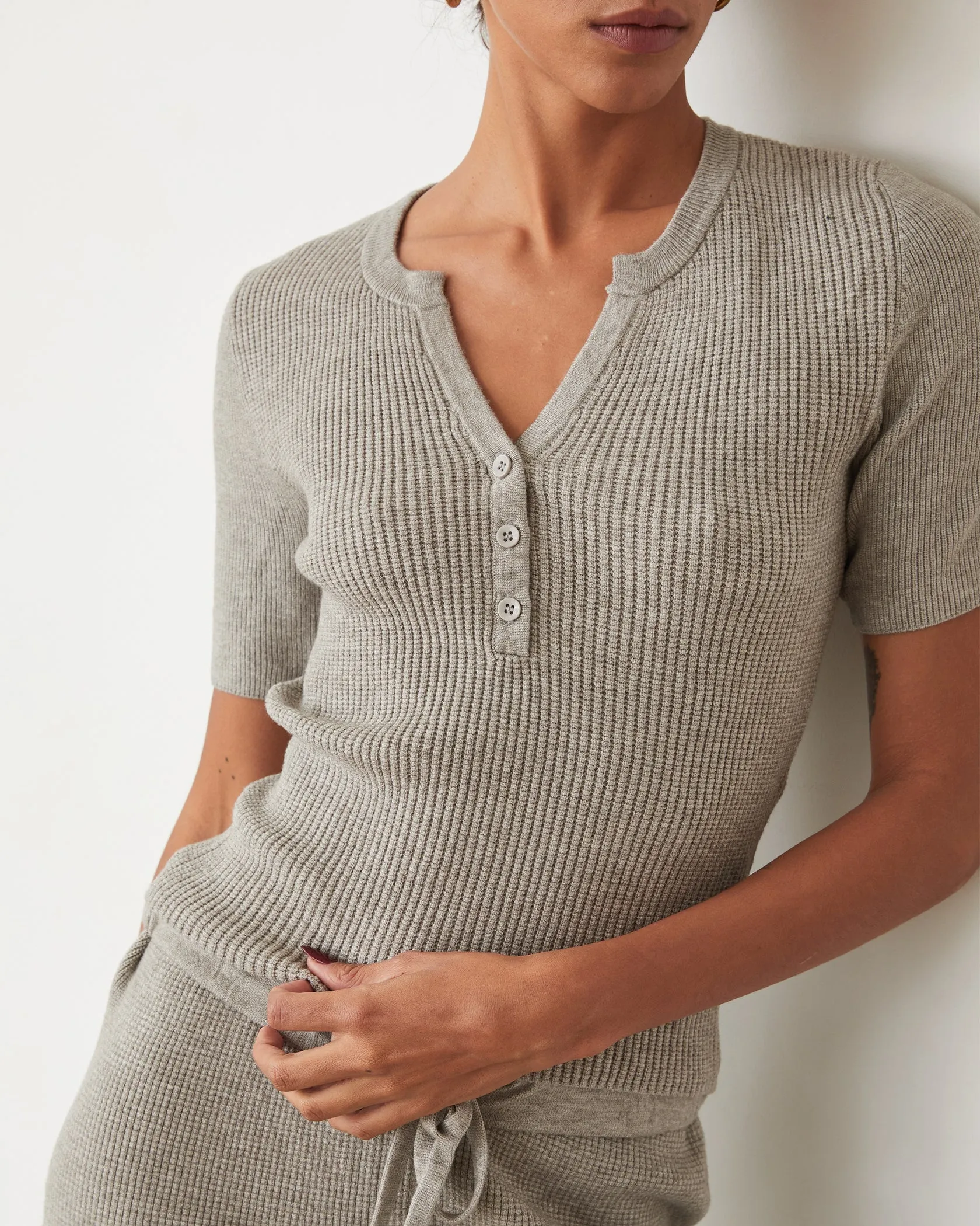 Softknit Rib Waffle Henley - Heather Grey