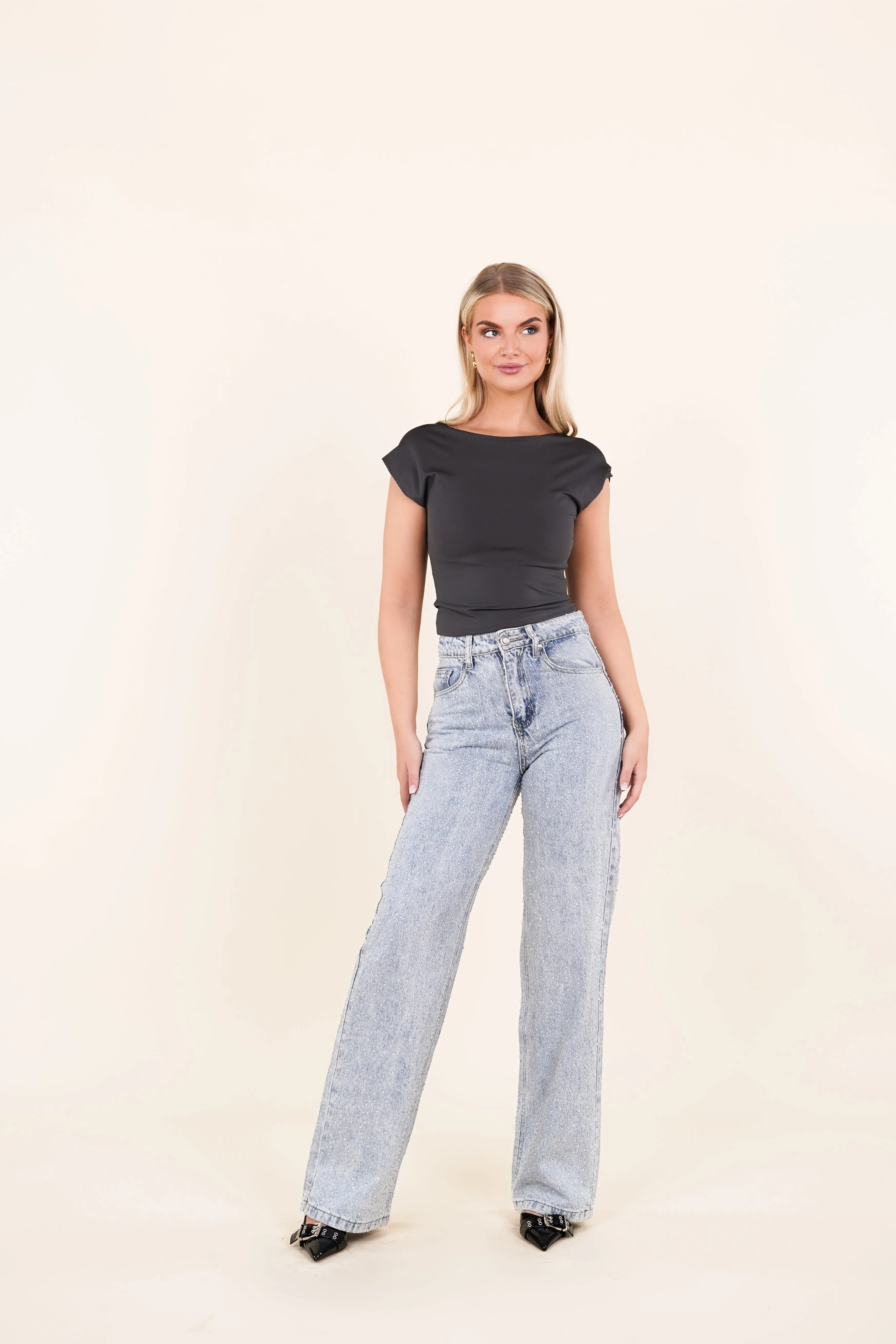 Straight leg jeans met druppel steentjes - Lotte