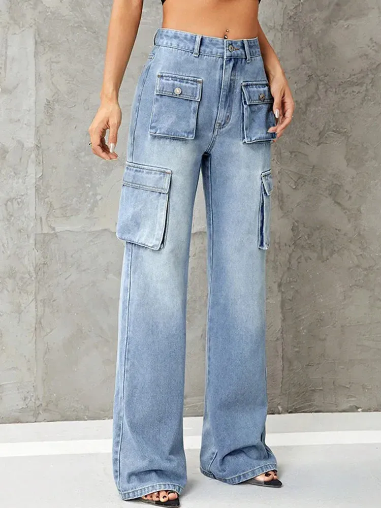 Streetwear Vintage Women Washed Multiple Baggy High Waist Loose Wide Leg Jeans