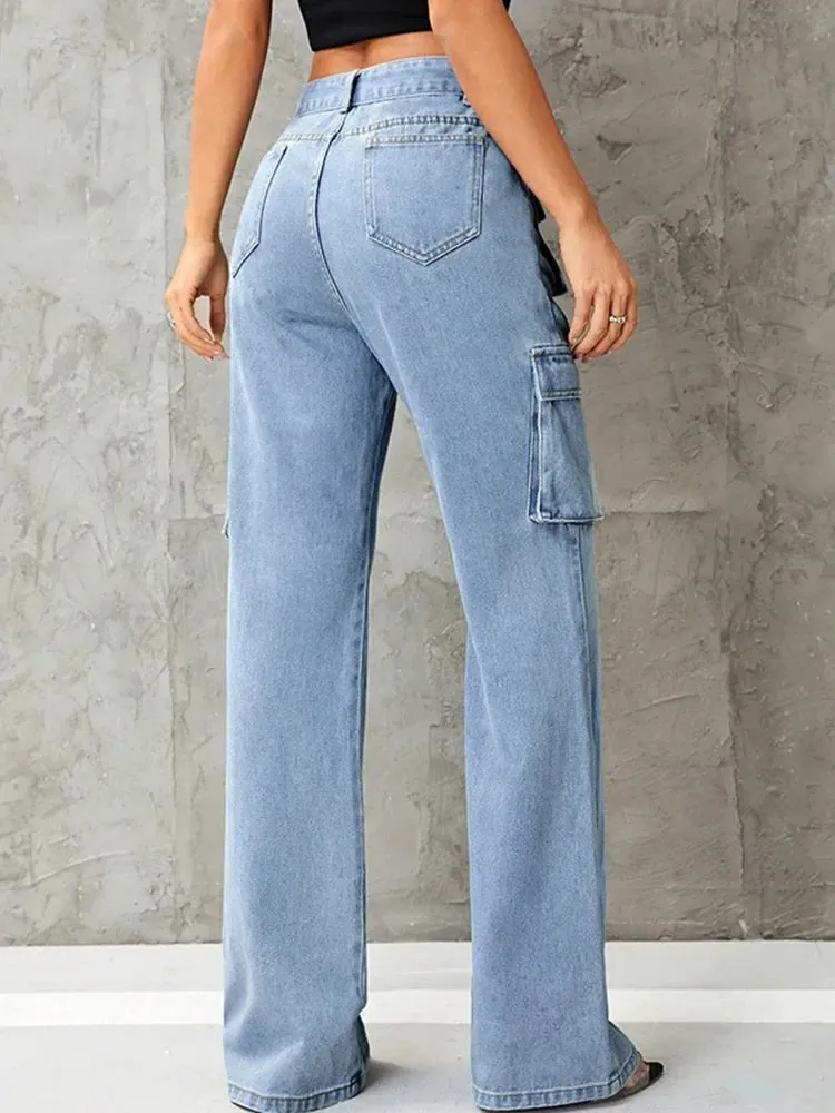 Streetwear Vintage Women Washed Multiple Baggy High Waist Loose Wide Leg Jeans