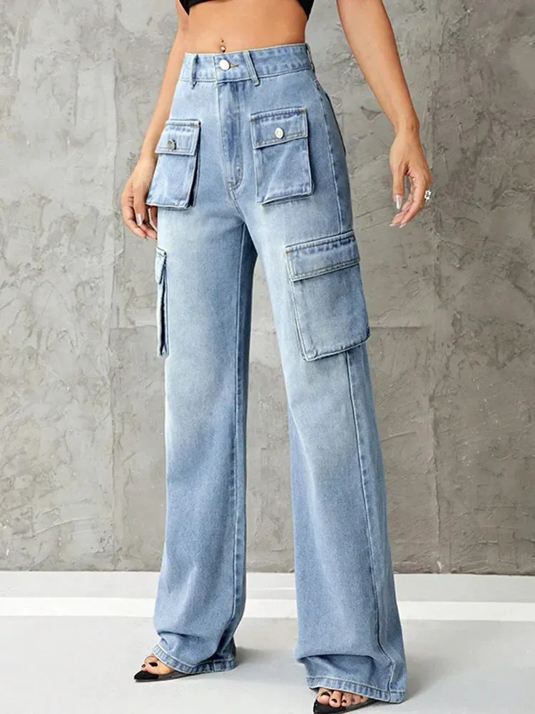 Streetwear Vintage Women Washed Multiple Baggy High Waist Loose Wide Leg Jeans