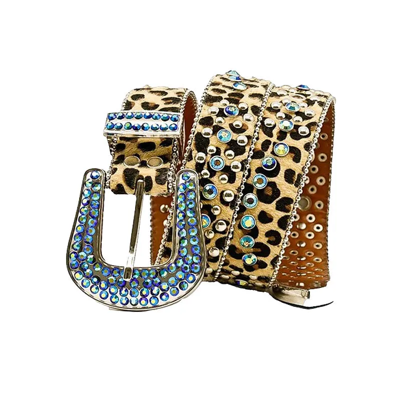 Suede Leopard Print Strap With Blue & Metal Studded Rhinestone Belt