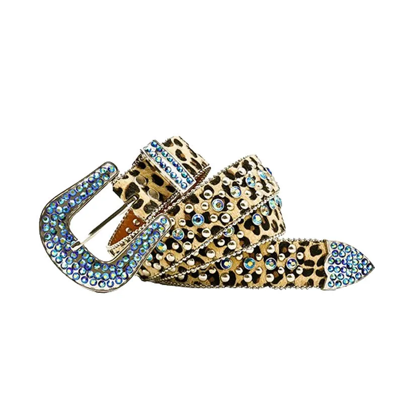 Suede Leopard Print Strap With Blue & Metal Studded Rhinestone Belt