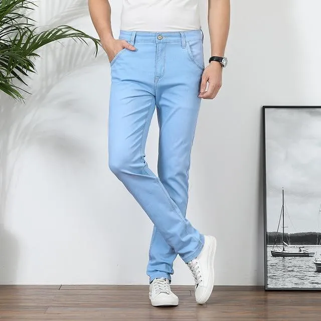 Summer thin  jeans men's 2020 new brand clothing business casual high-quality cotton stretch slim Denim jeans light blue 8028