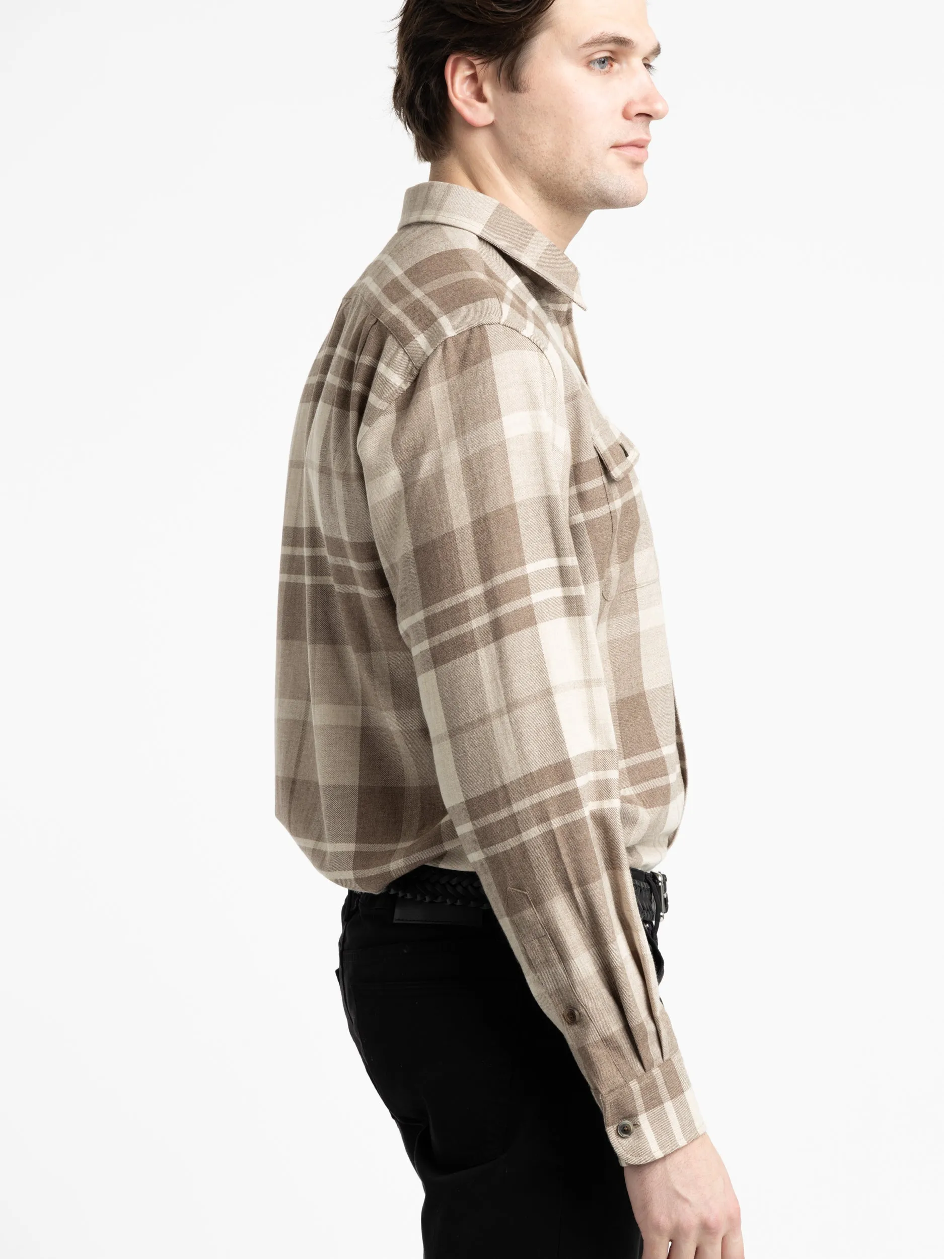 Truffle/Taupe Plaid Wool-Silk-Cashmere Shirt