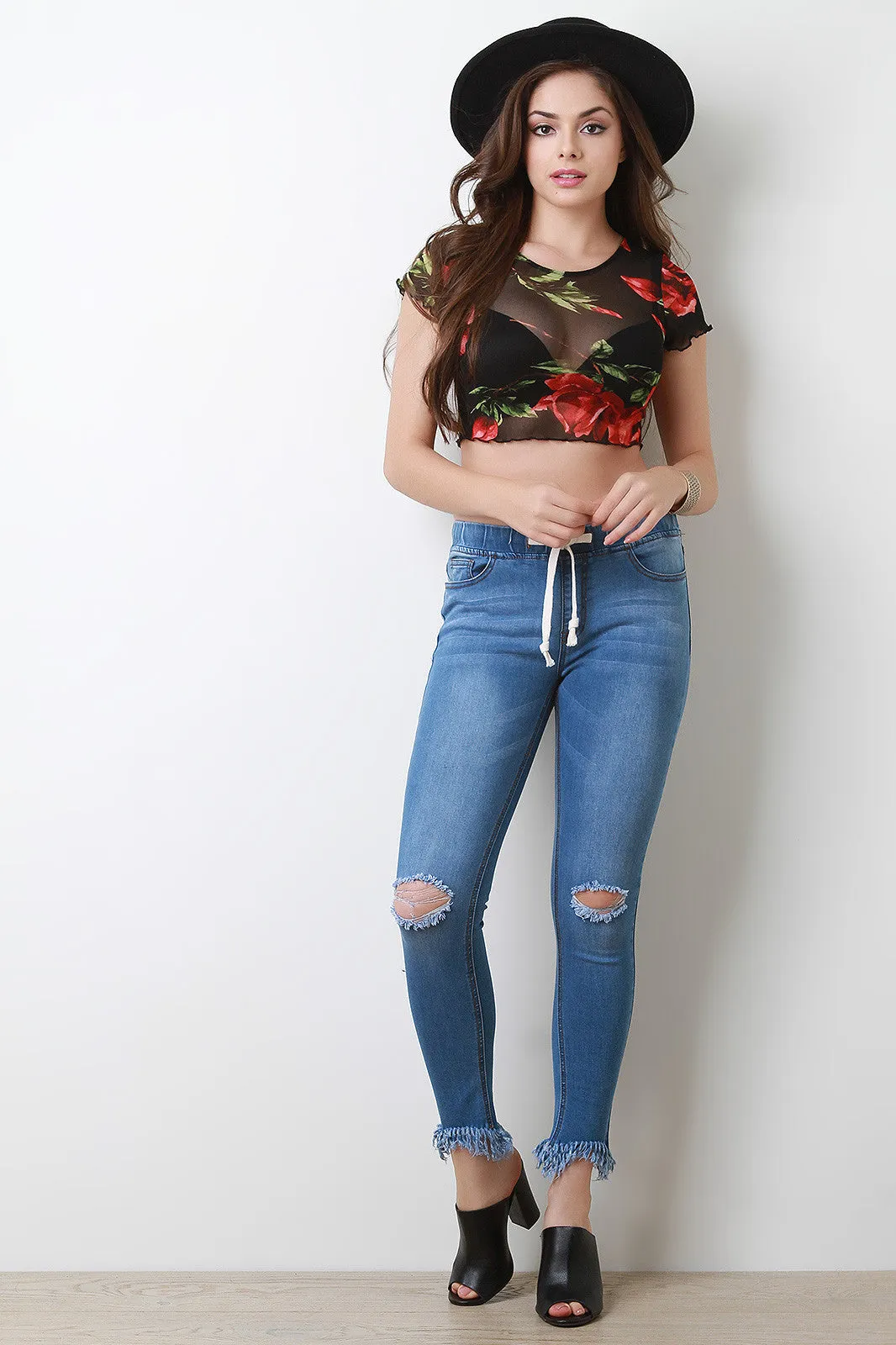 Twisted Frayed Hem Drawstring Denim Jeans