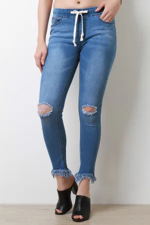 Twisted Frayed Hem Drawstring Denim Jeans