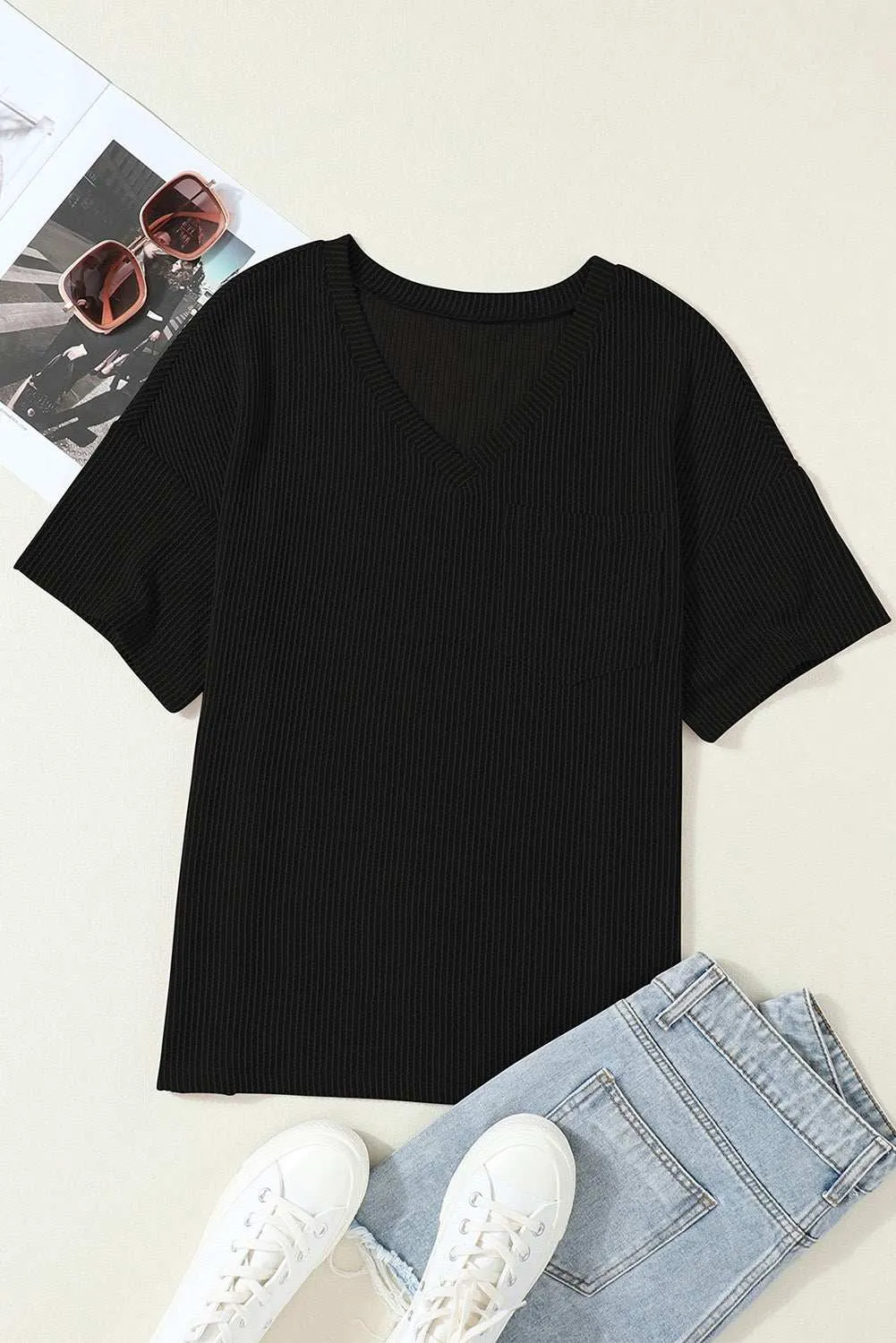 Valerian Ribbed V Neck Pocket Drop Sleeve T-Shirt - Stylish Fit