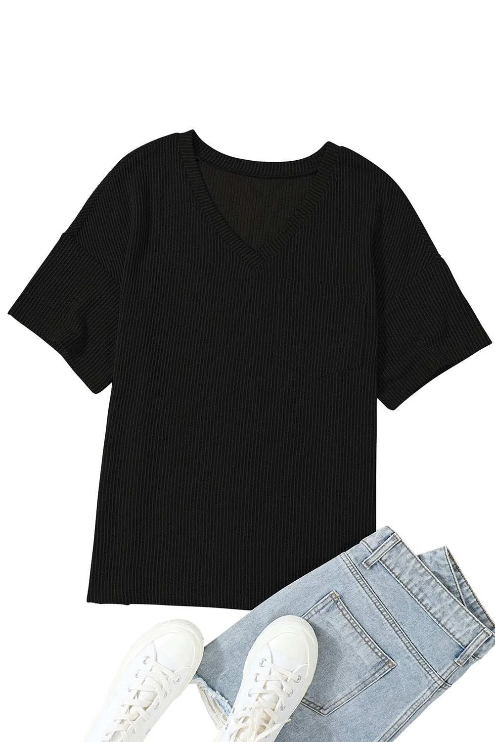 Valerian Ribbed V Neck Pocket Drop Sleeve T-Shirt - Stylish Fit