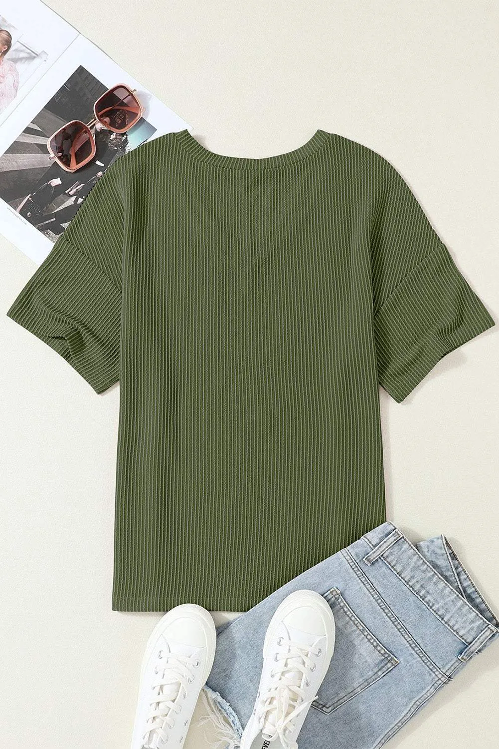 Valerian Ribbed V Neck Pocket Drop Sleeve T-Shirt - Stylish Fit