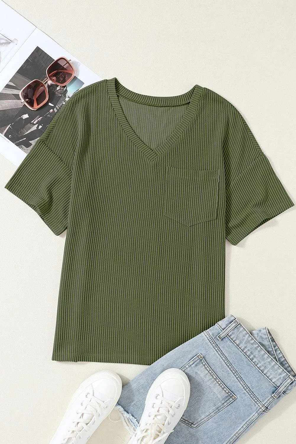 Valerian Ribbed V Neck Pocket Drop Sleeve T-Shirt - Stylish Fit