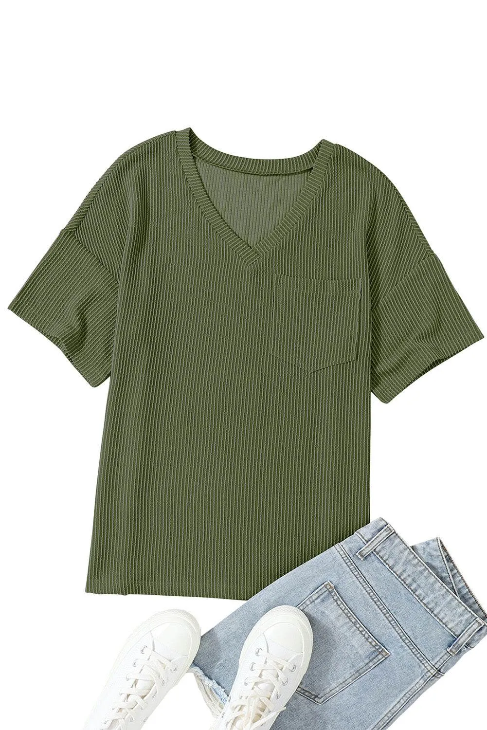 Valerian Ribbed V Neck Pocket Drop Sleeve T-Shirt - Stylish Fit