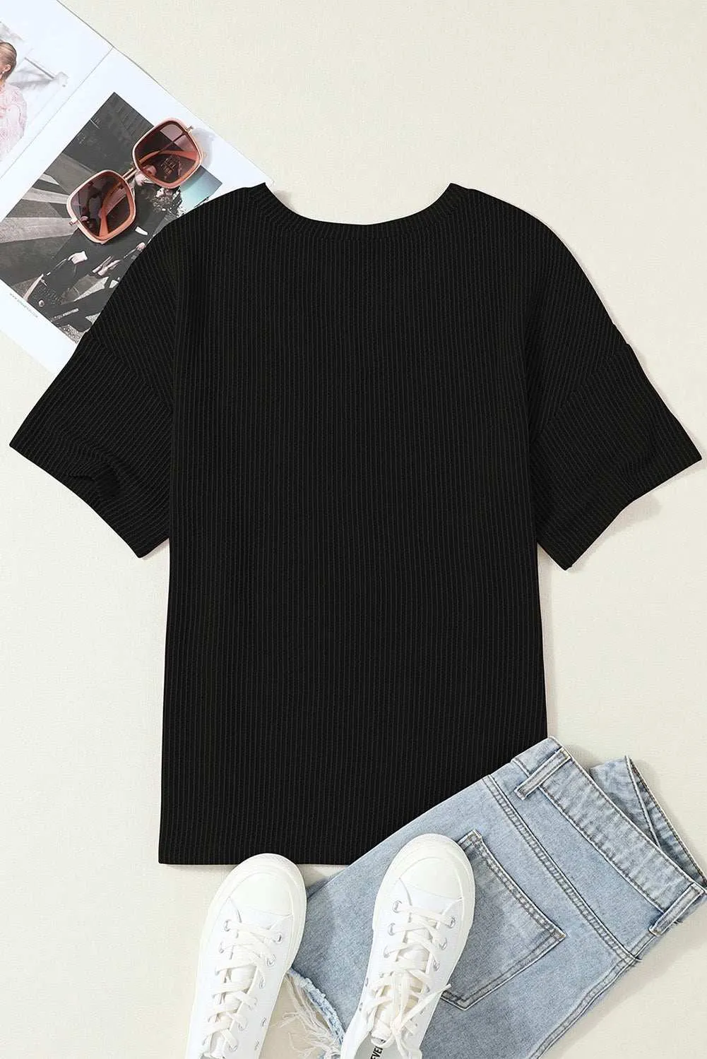 Valerian Ribbed V Neck Pocket Drop Sleeve T-Shirt - Stylish Fit