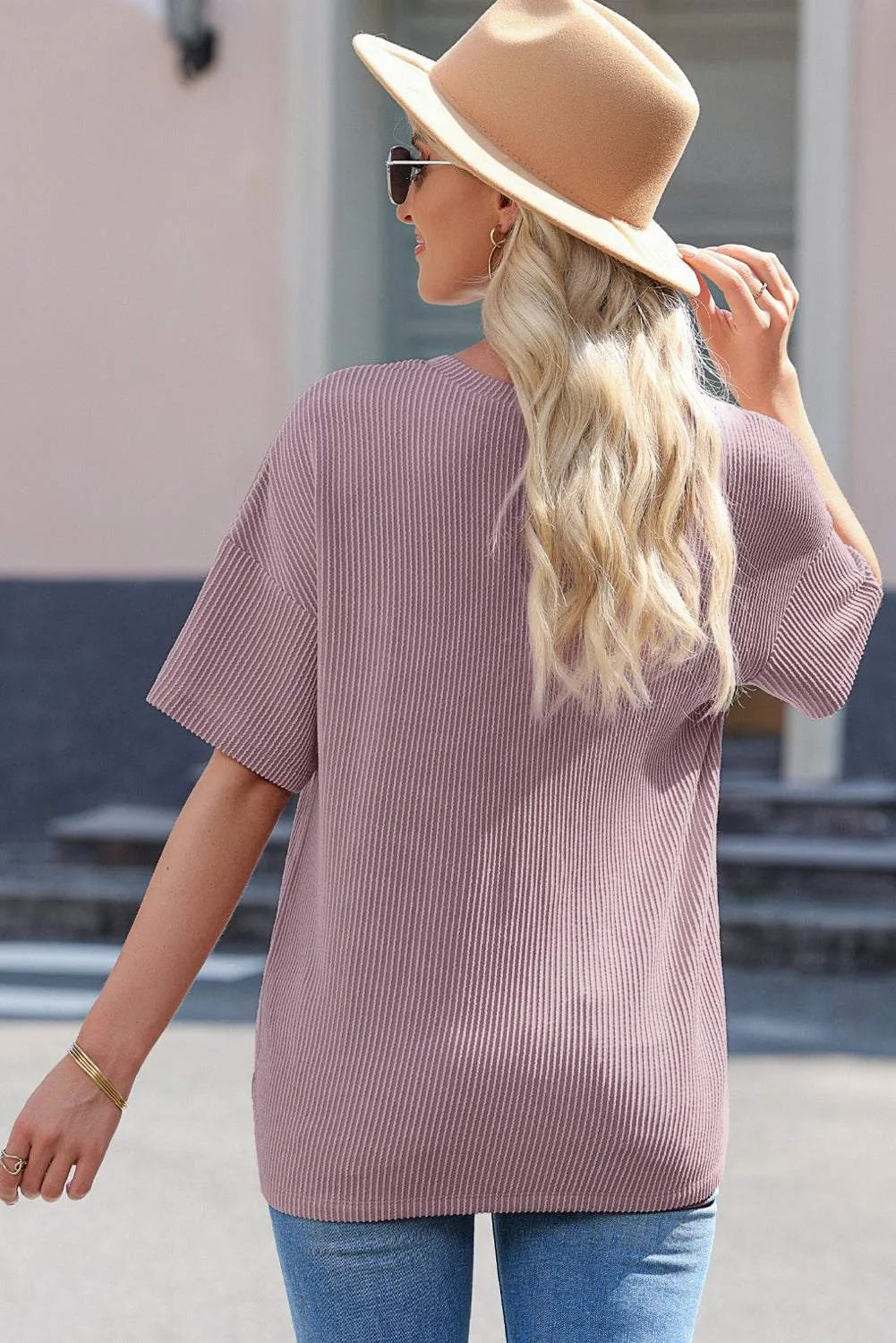 Valerian Ribbed V Neck Pocket Drop Sleeve T-Shirt - Stylish Fit