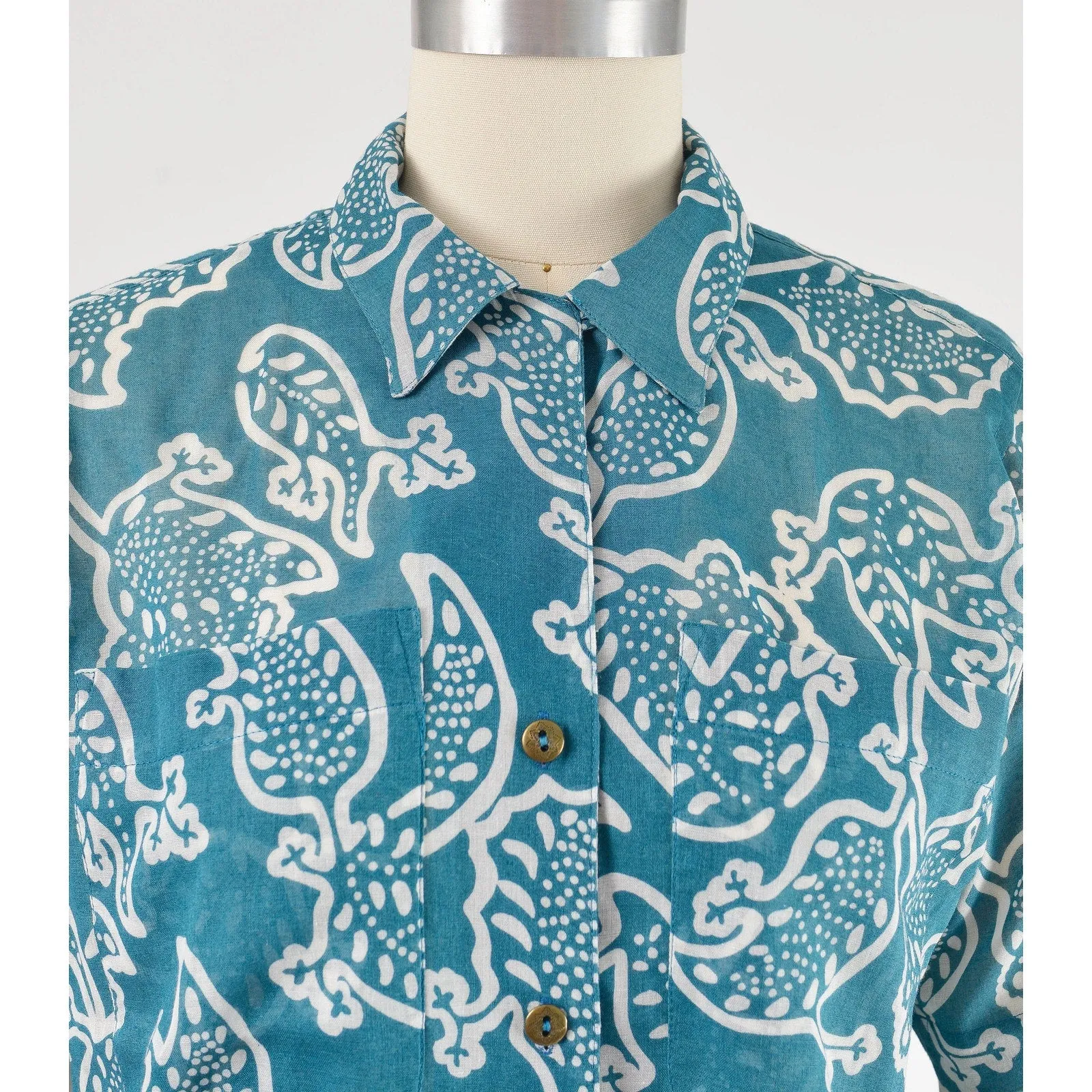 Vintage 80s Teal Boho Paisley Shirt Sheer Cotton Collared Button Down Blouse size S