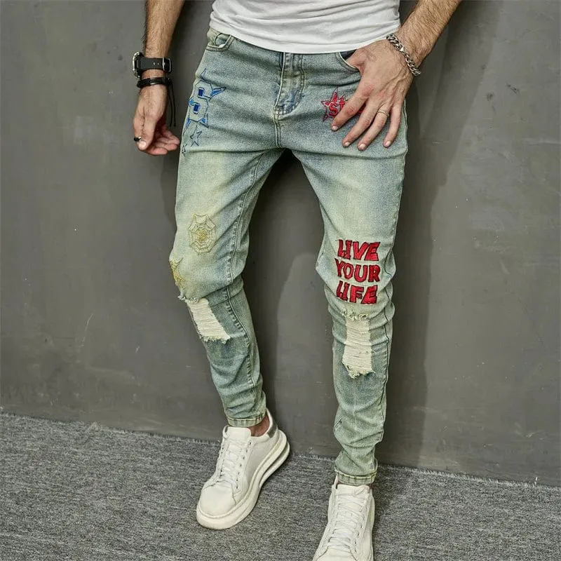 Vintage Men's Stylish Embroidery Ripped Hip Hop Pencil Stretch Denim Jeans