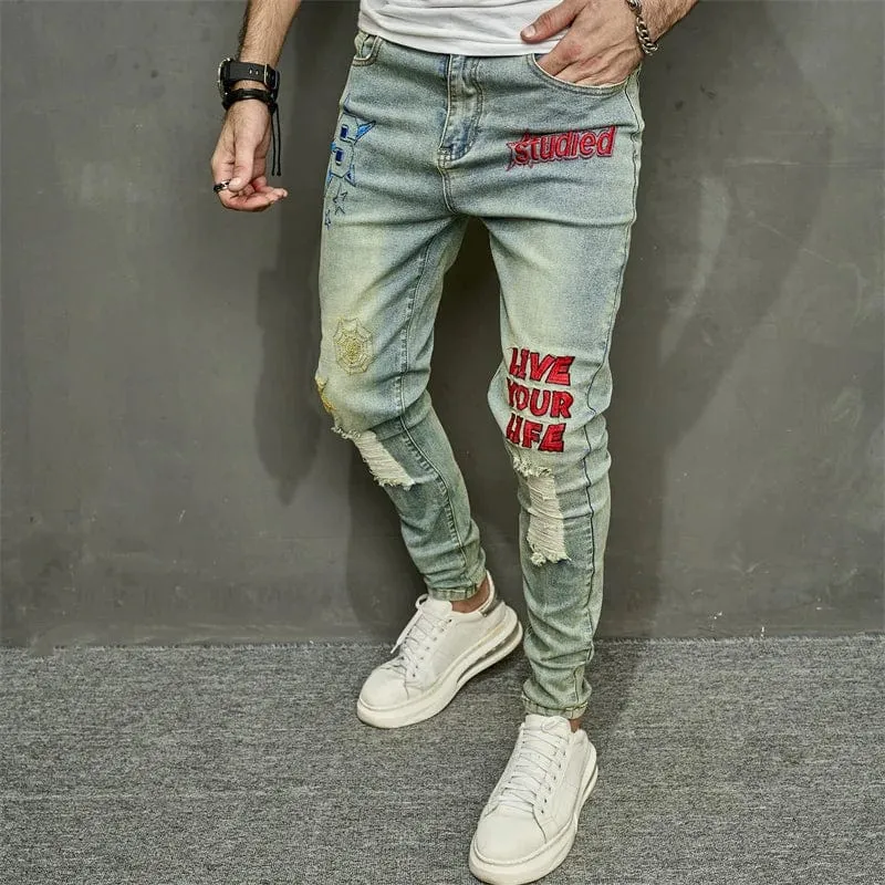 Vintage Men's Stylish Embroidery Ripped Hip Hop Pencil Stretch Denim Jeans