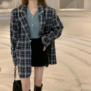 Vintage Notched Collar Plaid Blazer Breasted Jacket