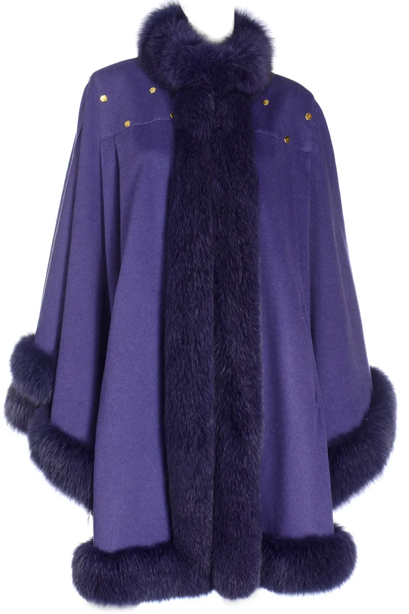 Vintage Revillon Purple Wool Studded Cape w Dyed Fur Trim