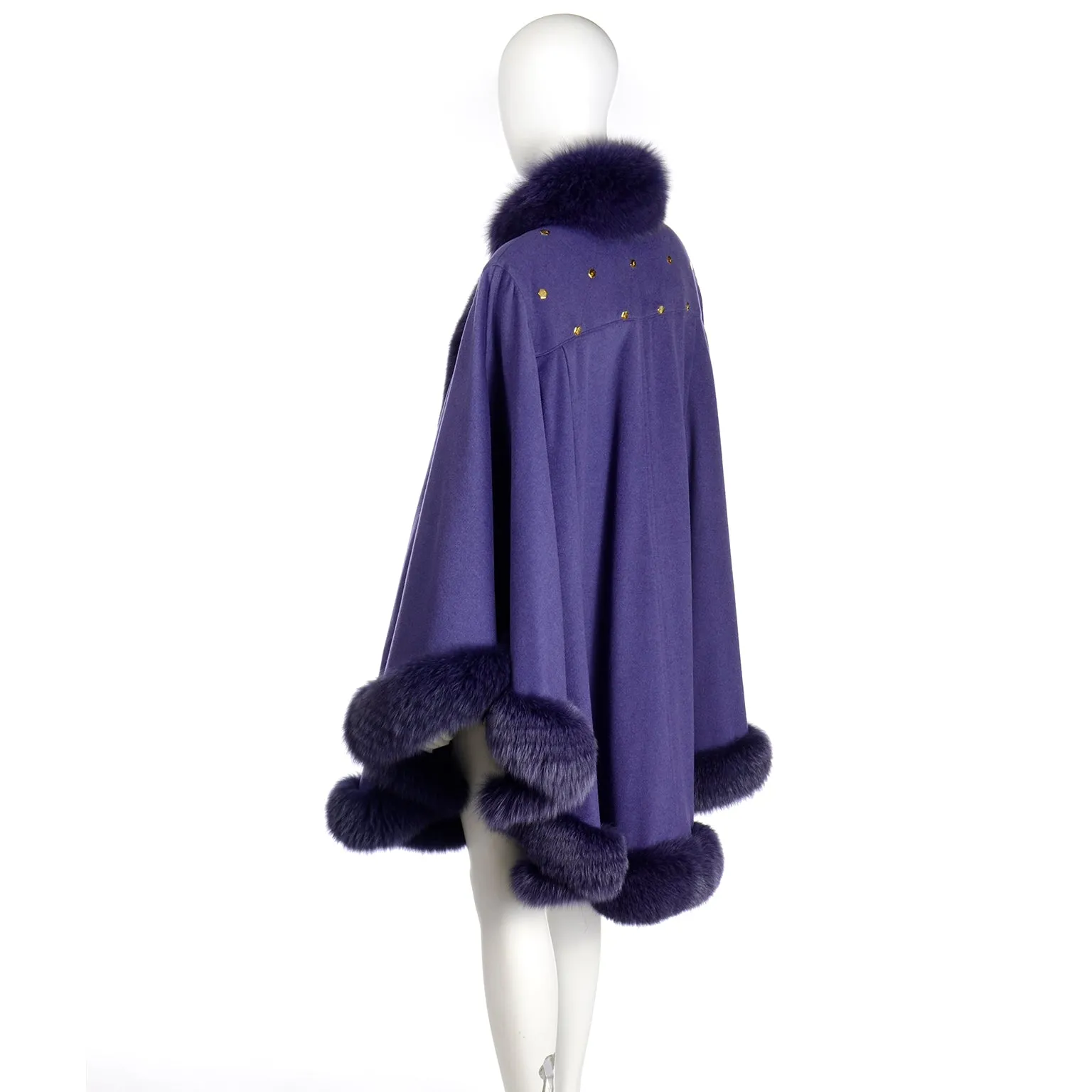 Vintage Revillon Purple Wool Studded Cape w Dyed Fur Trim