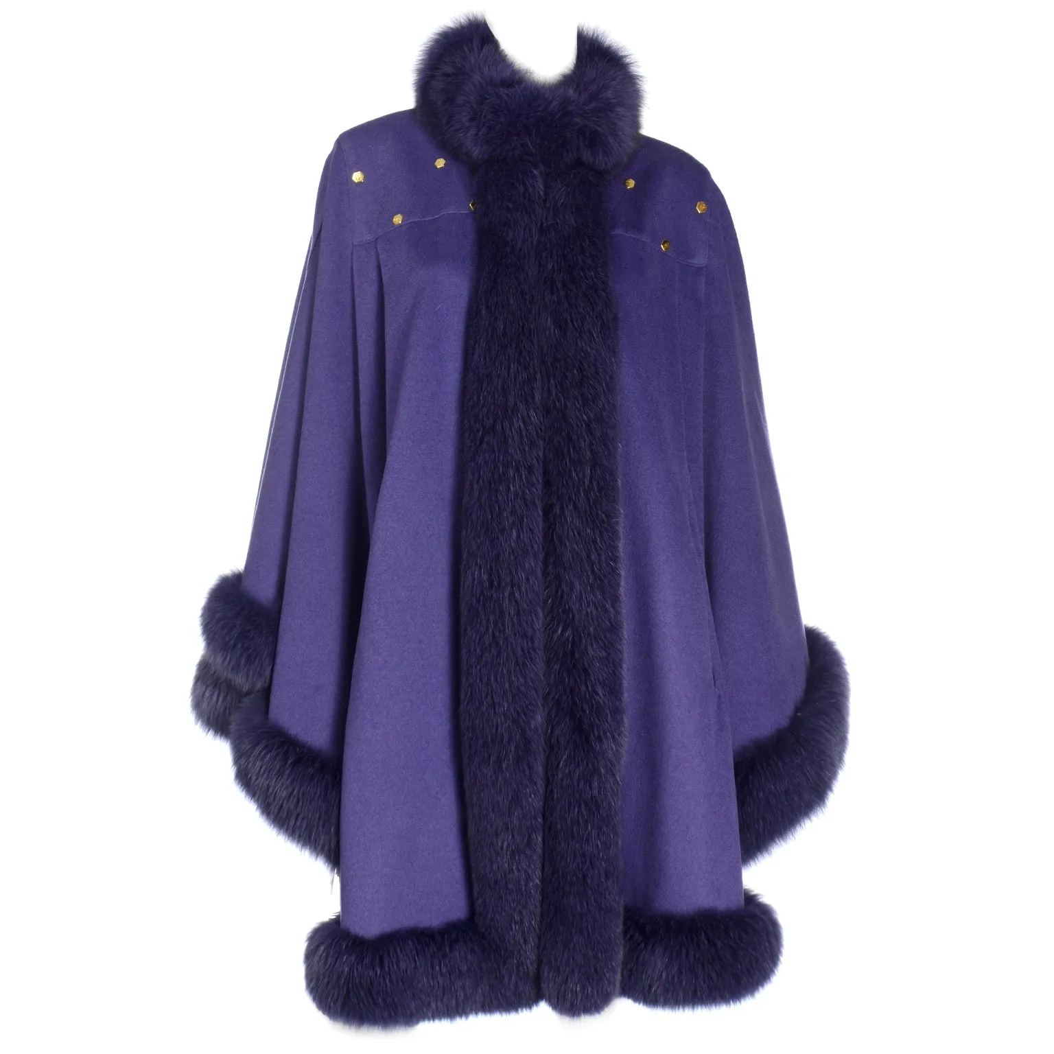 Vintage Revillon Purple Wool Studded Cape w Dyed Fur Trim