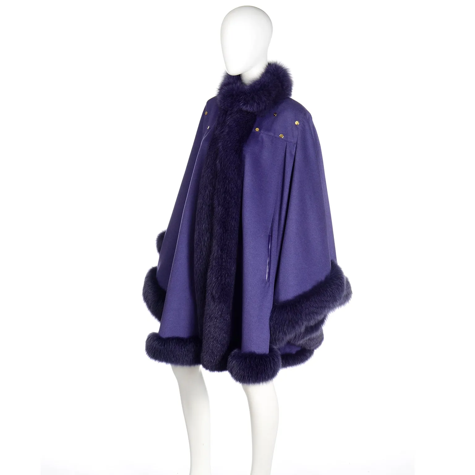 Vintage Revillon Purple Wool Studded Cape w Dyed Fur Trim